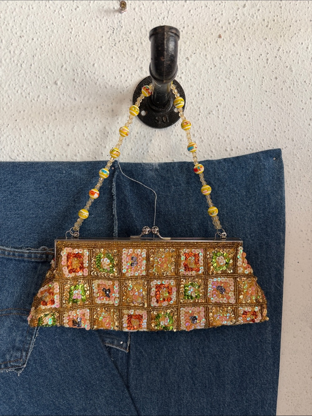 Gold Beaded Sequin Evening Clutch with Multicolor Accents